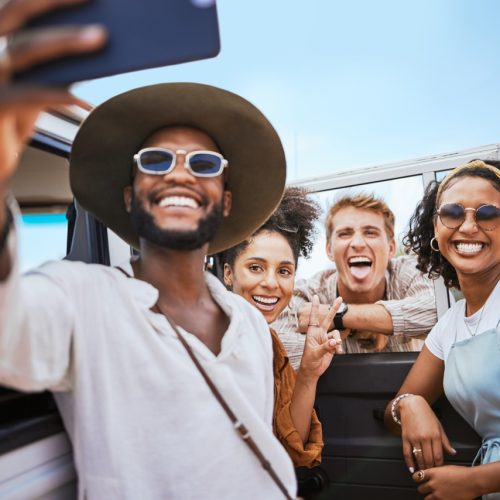 Phone selfie, friendship and car road trip or nature safari holiday travel in Africa together happy for adventure. Mobile photography of excited men, women or young group of people on summer vacation.