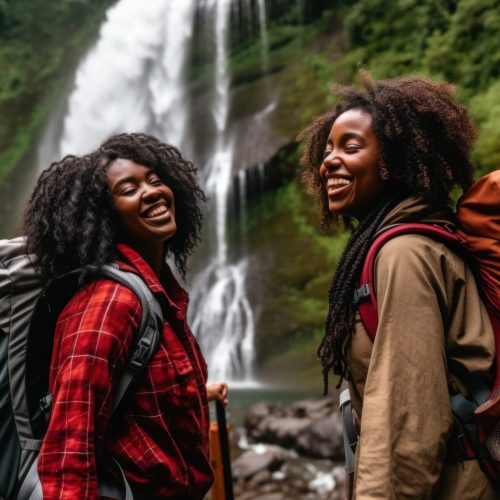 Two afro woman with backpacks hiking and laugh against waterfall. Generative AI.